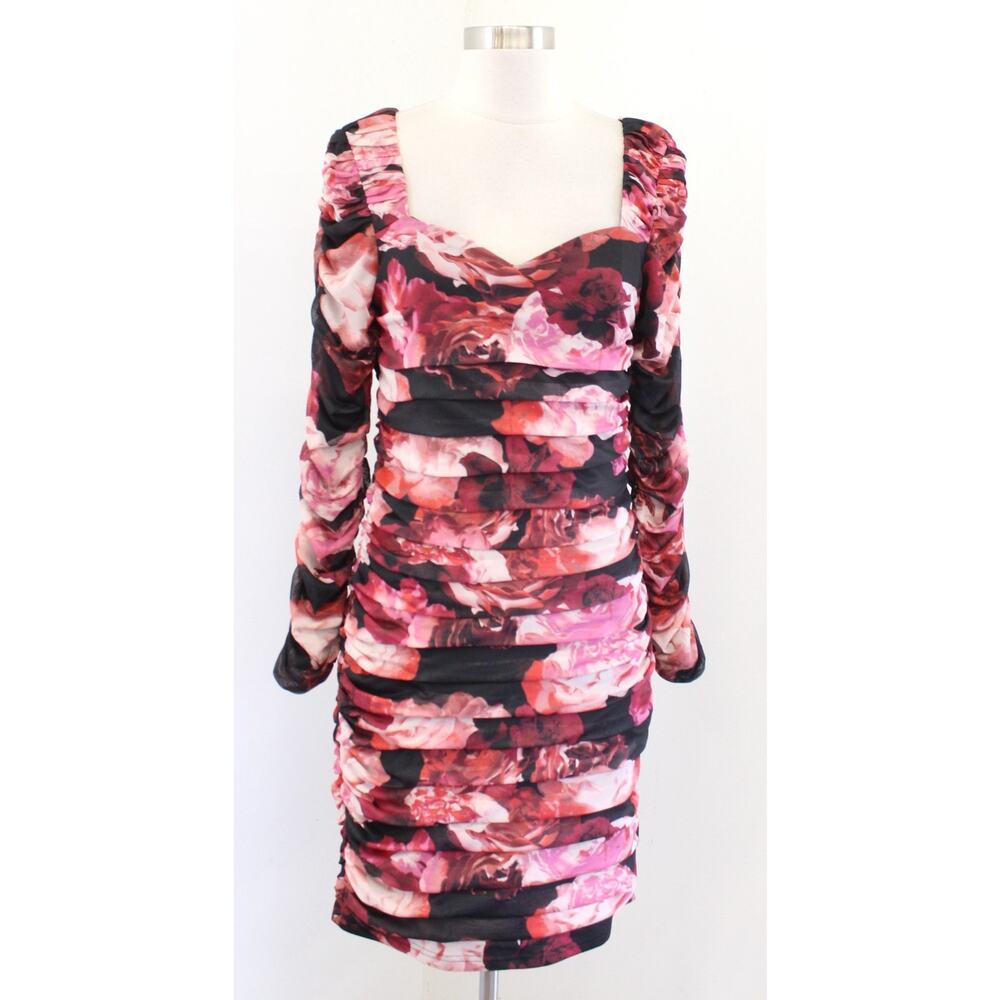 NWT Cache Black Rose Floral Print Tiered Layered Ruched Mesh Dress Sz S Cocktail